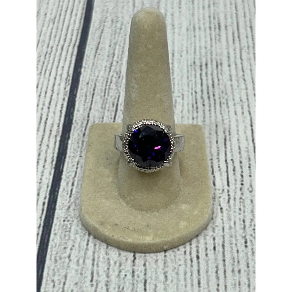 Silver Tone Halo Round Purple Alexandrite Ring Sz 7 CZ Accent Cocktail Statement